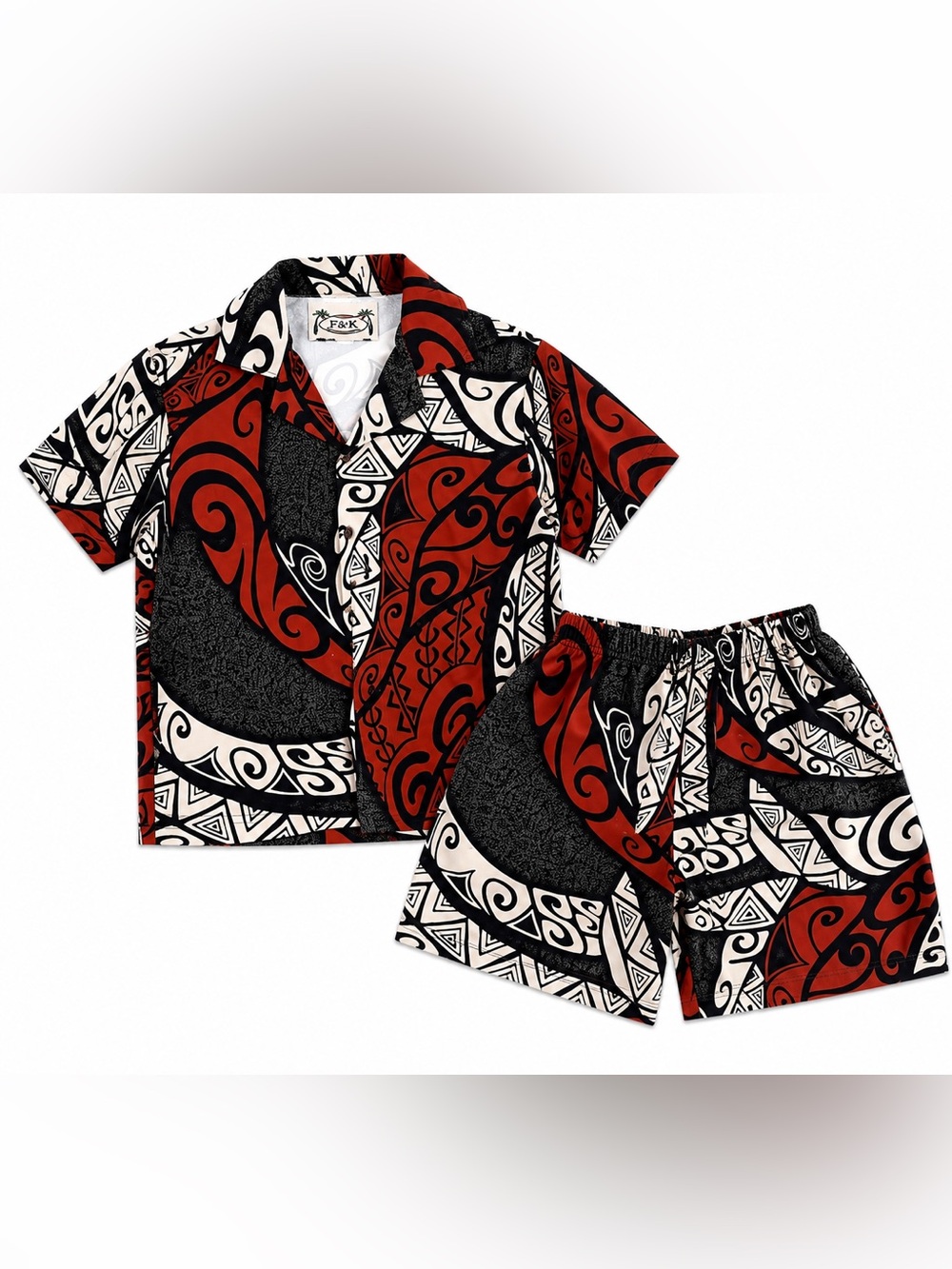 F&K Hawaiian Shirt & Shorts Set Size 4 Kids – Red Black Tribal Aloha Outfit